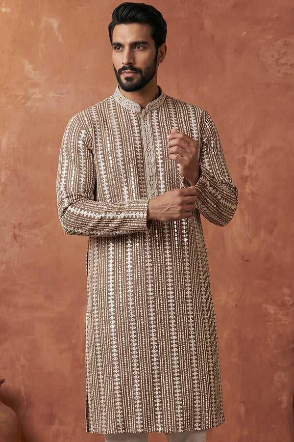 Brown Viscose Rayon Embroidered Kurta With Trousers MKSET2178