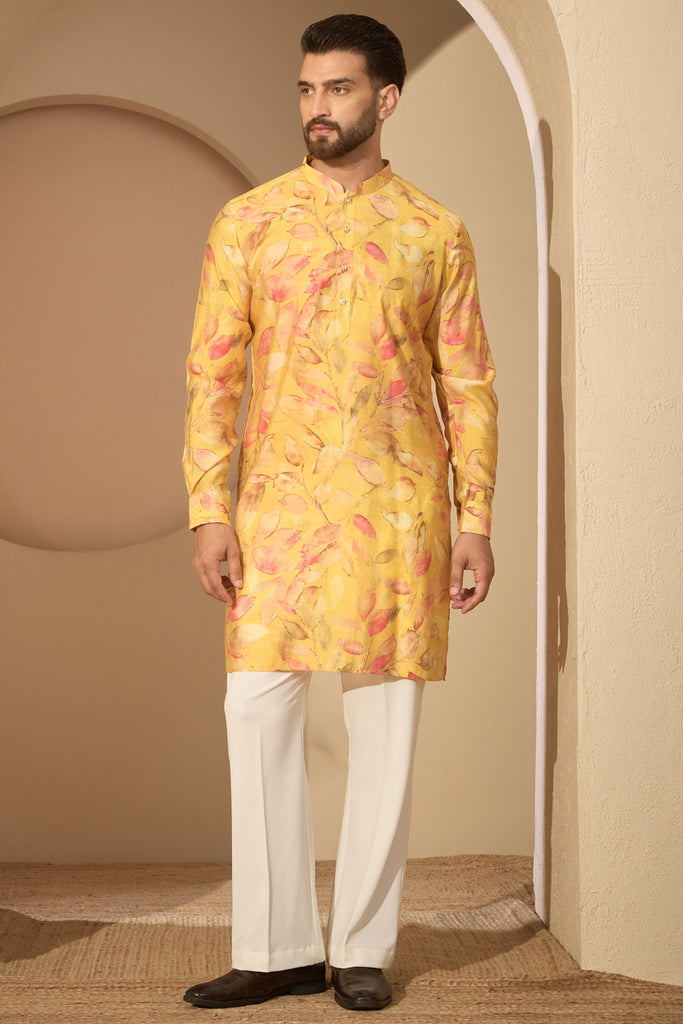 Yellow Silk Blend Floral Printed Mandarin Collar Kurta MKU2699