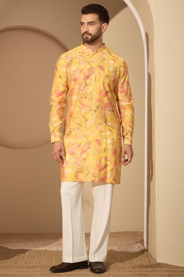 Yellow Silk Blend Floral Printed Mandarin Collar Kurta MKU2699