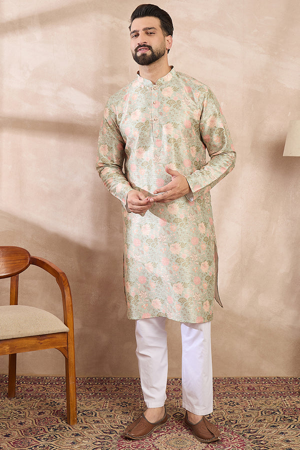 Green Silk Blend Floral Printed Straight Kurta With Trouser MKSET1968