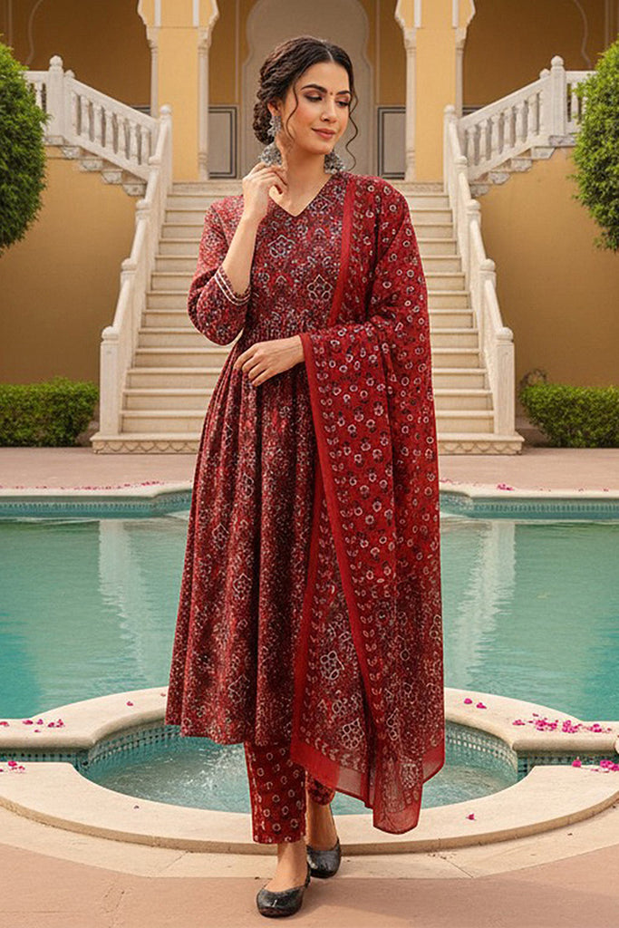 Red Rayon Blend Floral Printed A-Line Trouser Bottom Suit Set VKSKD2273