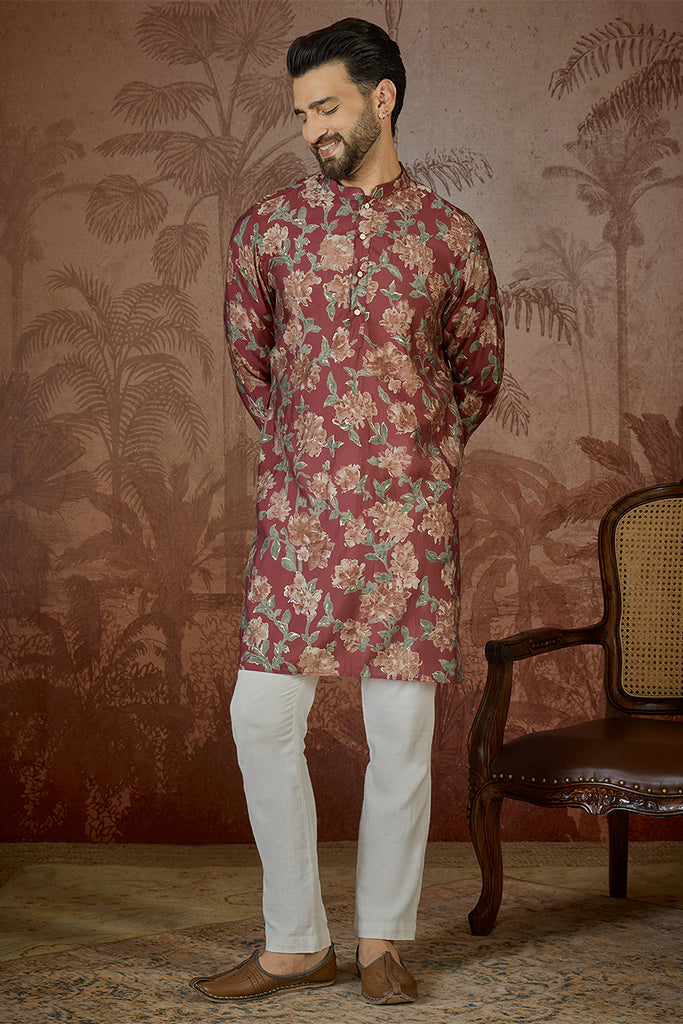 Maroon Silk Blend Floral Printed Kurta MKU2541