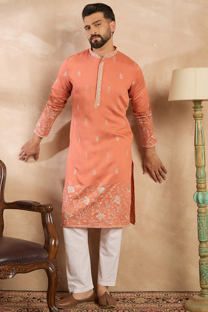 Peach Vartican Solid Embroidered Straight Kurta MKU1935