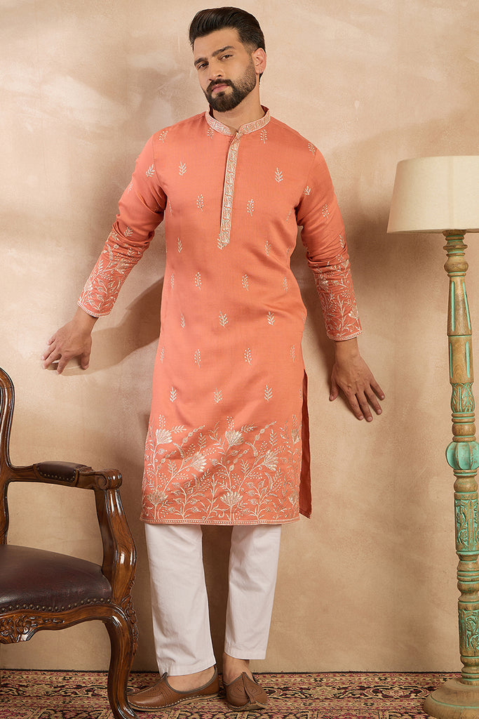 Peach Vartican Solid Embroidered Straight Kurta MKU1935