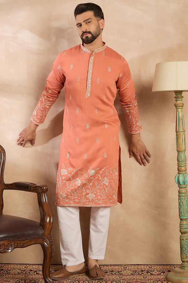 Peach Vartican Solid Embroidered Straight Kurta MKU1935