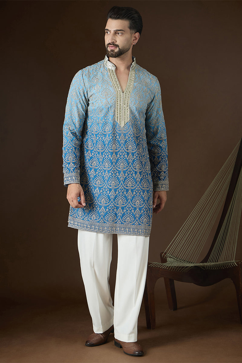 Blue Georgette Ethnic Motifs Embroidered Mandarin Collar Kurta MKU2586