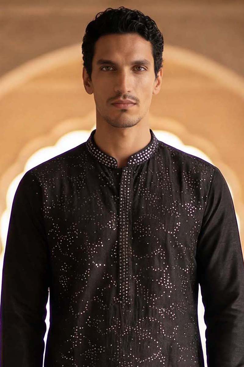Silk Blend Black Solid Embroidered Calf Length Straight Kurta With Trousers MKSET2128