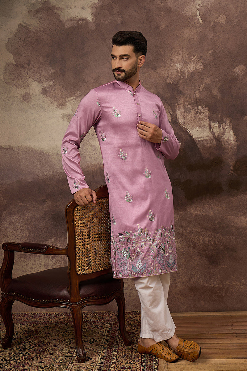 Pink Silk Blend Solid Embroidered Straight Kurta with Trouser MKSET1347