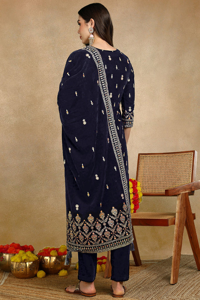 Navy Blue Velvet Ethnic Motifs Printed Straight Suit Set PKSKD2771