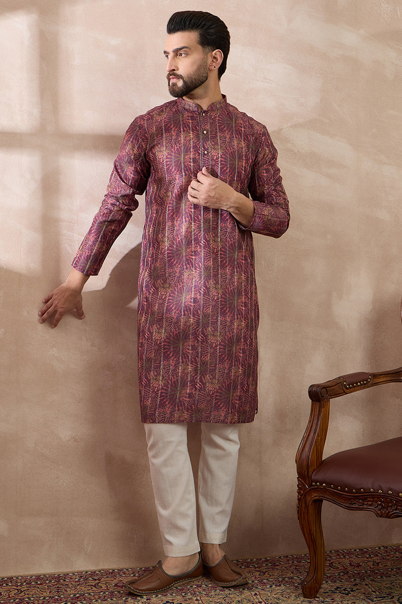 Purple Silk Blend Printed Mandarin Collar Straight Kurta MKU2023