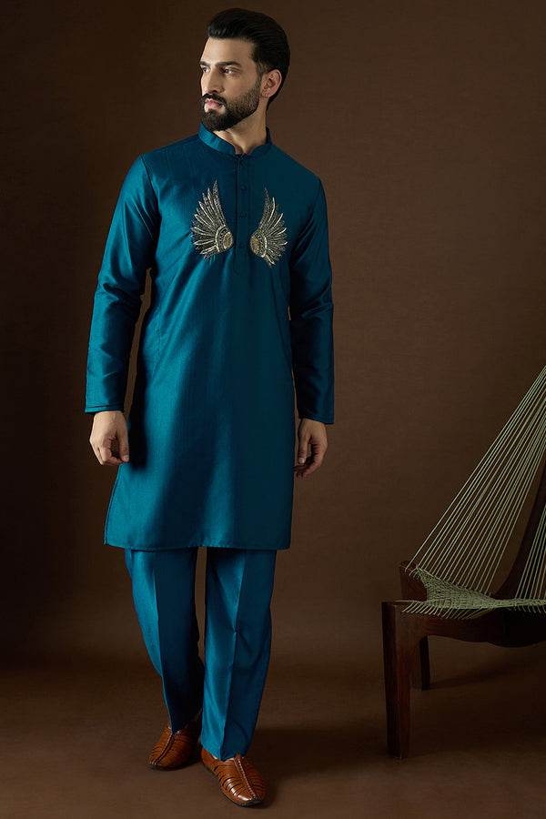 Navy Blue Silk Blend Solid Embroidered Kurta With Trouser MKSET2063
