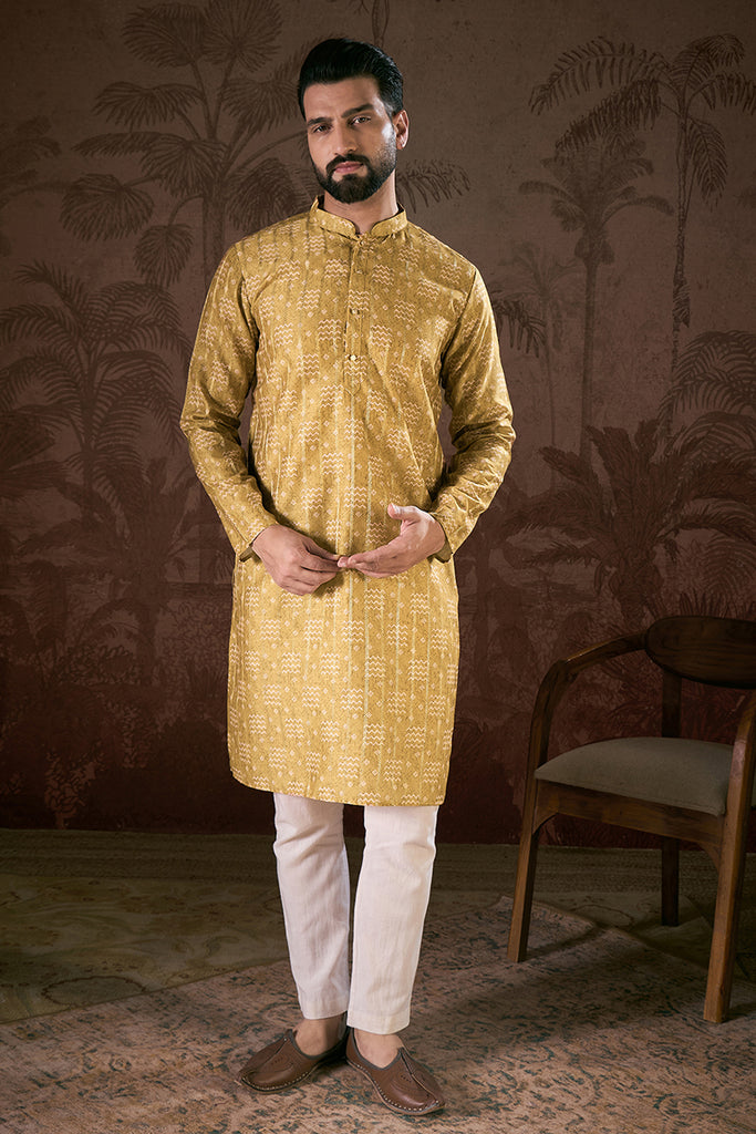 Mustard Silk Blend Ethnic Motifs Printed Straight Kurta With Trouser MKSET1926