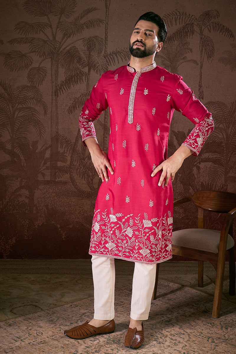 Pink Silk Blend Solid Embroidered Straight Kurta MKU1943