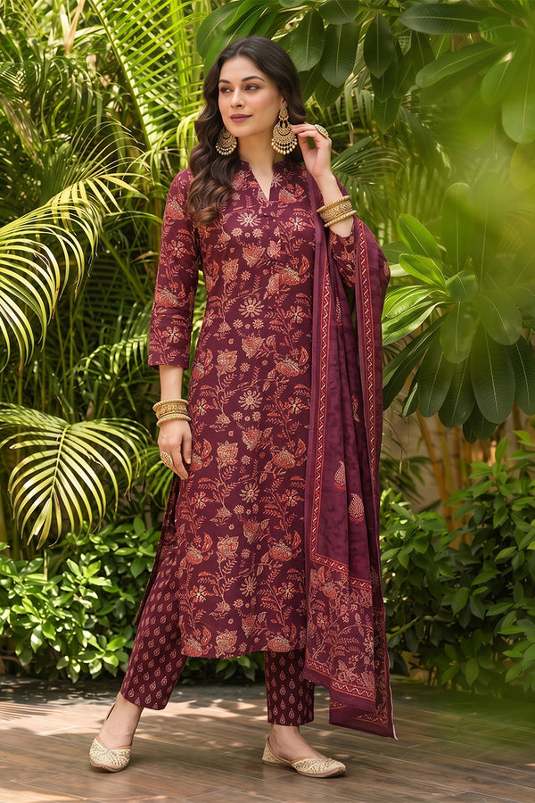 Maroon Rayon Blend Floral Printed Straight Suit Set VKSKD2149