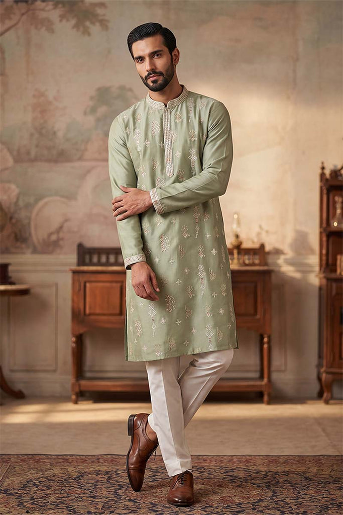 Green Silk Blend Solid Embroidered Kurta With Trousers MKSET2153