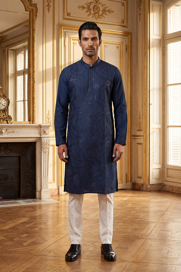 Blue Silk Blend Embroidered Straight Kurta With Trousers MKSET2124
