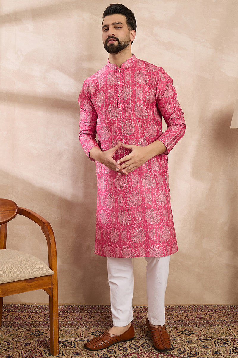 Pink Silk Blend Floral Printed Straight Kurta MKU1972