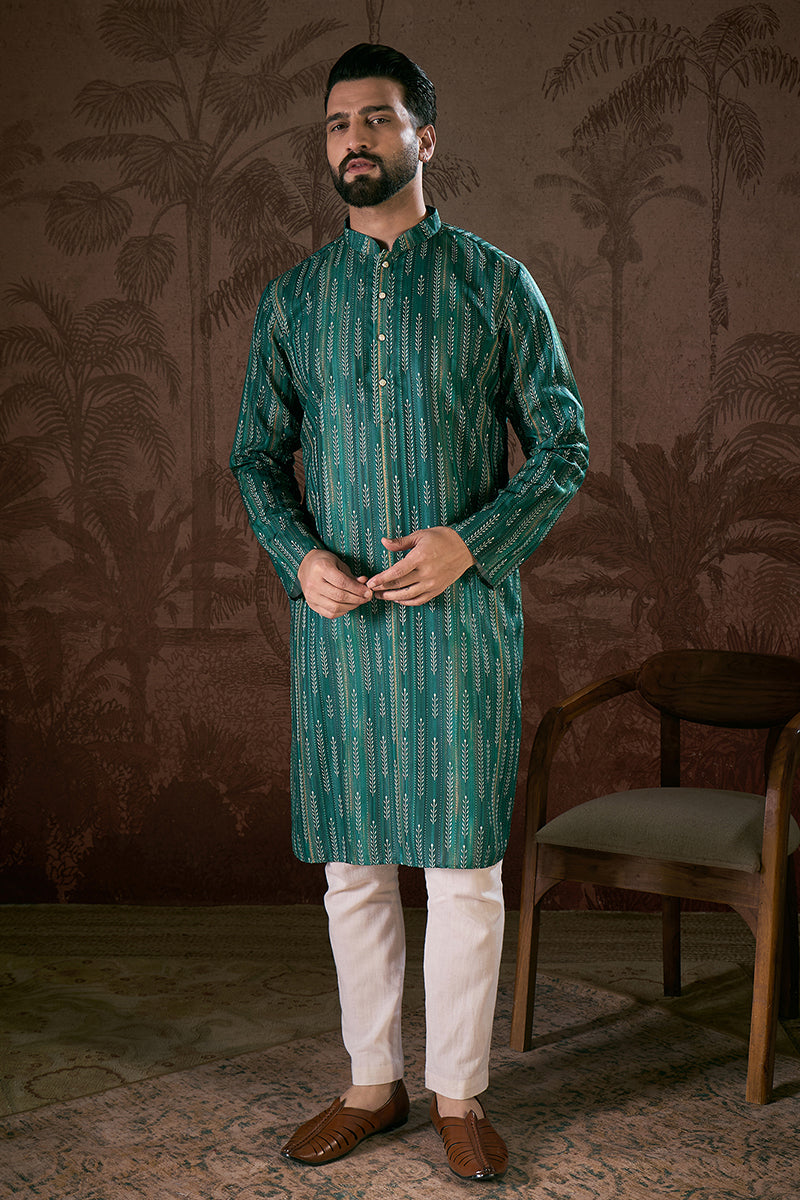 Turquoise Blue Silk Blend Floral Printed Straight Kurta With Trouser MKSET1921