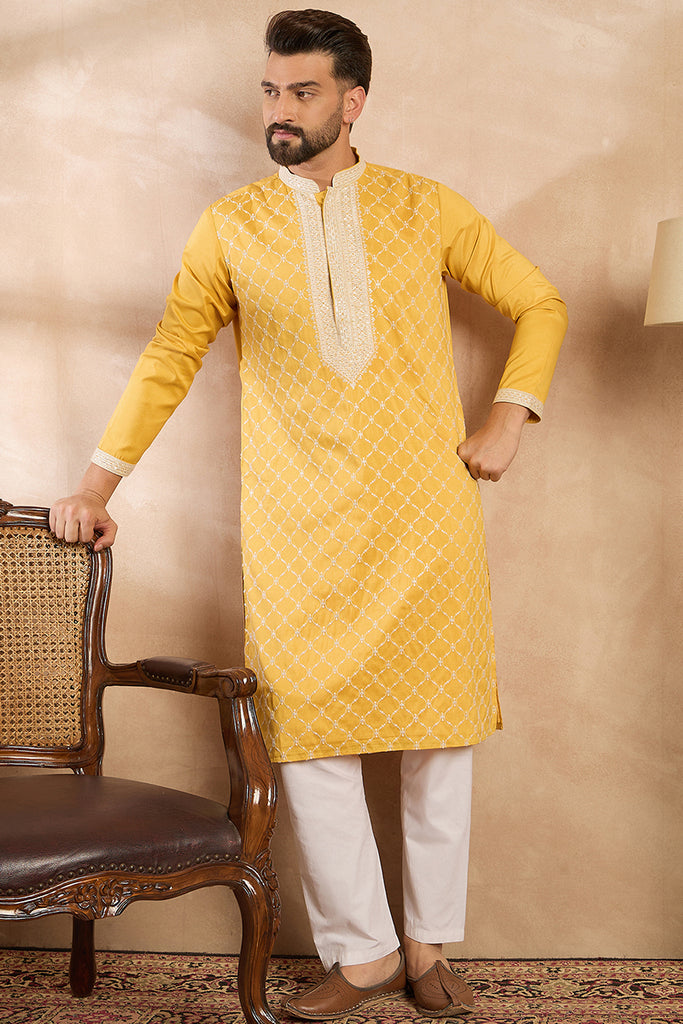 Yellow Silk Blend Solid Embroidered Straight Kurta With Trouser MKSET1691