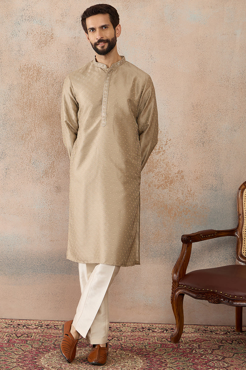 Beige Silk Blend Embroidered Solid Straight Kurta with Trousers  MKSET2326