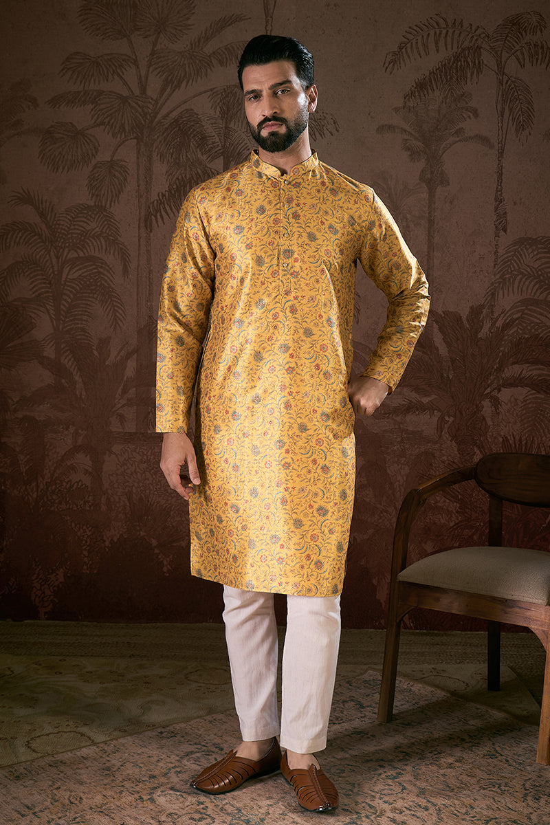 Yellow Silk Blend Floral Printed Straight Kurta MKU1946
