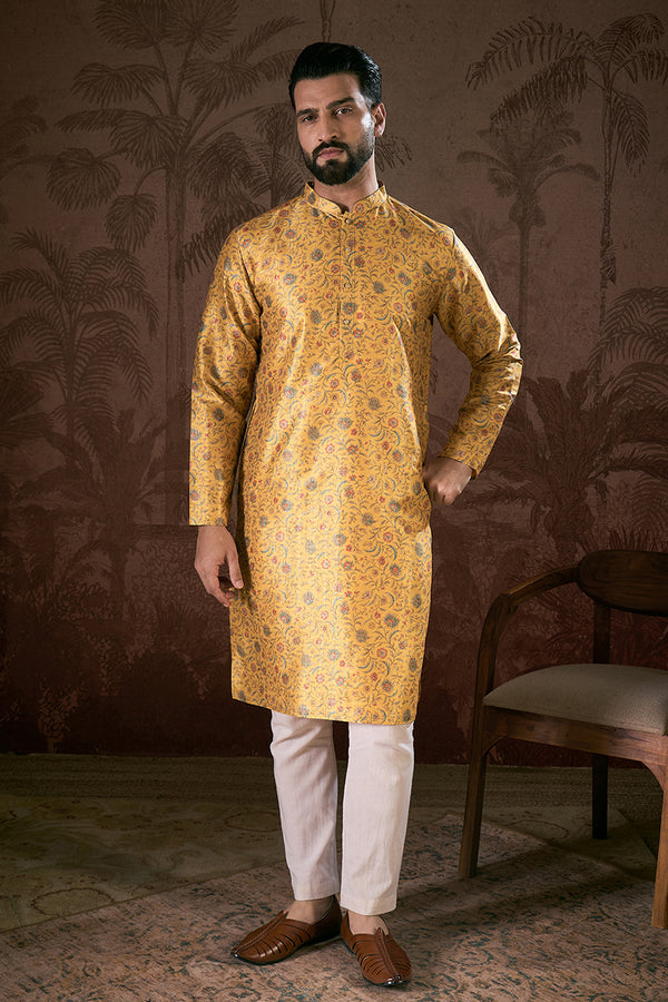 Yellow Silk Blend Floral Printed Straight Kurta MKU1946