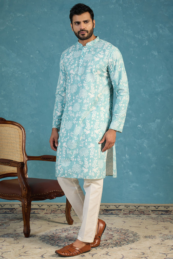 Teal Viscose Rayon Embroidered Calf Length Straight Regular Kurta MKU1765