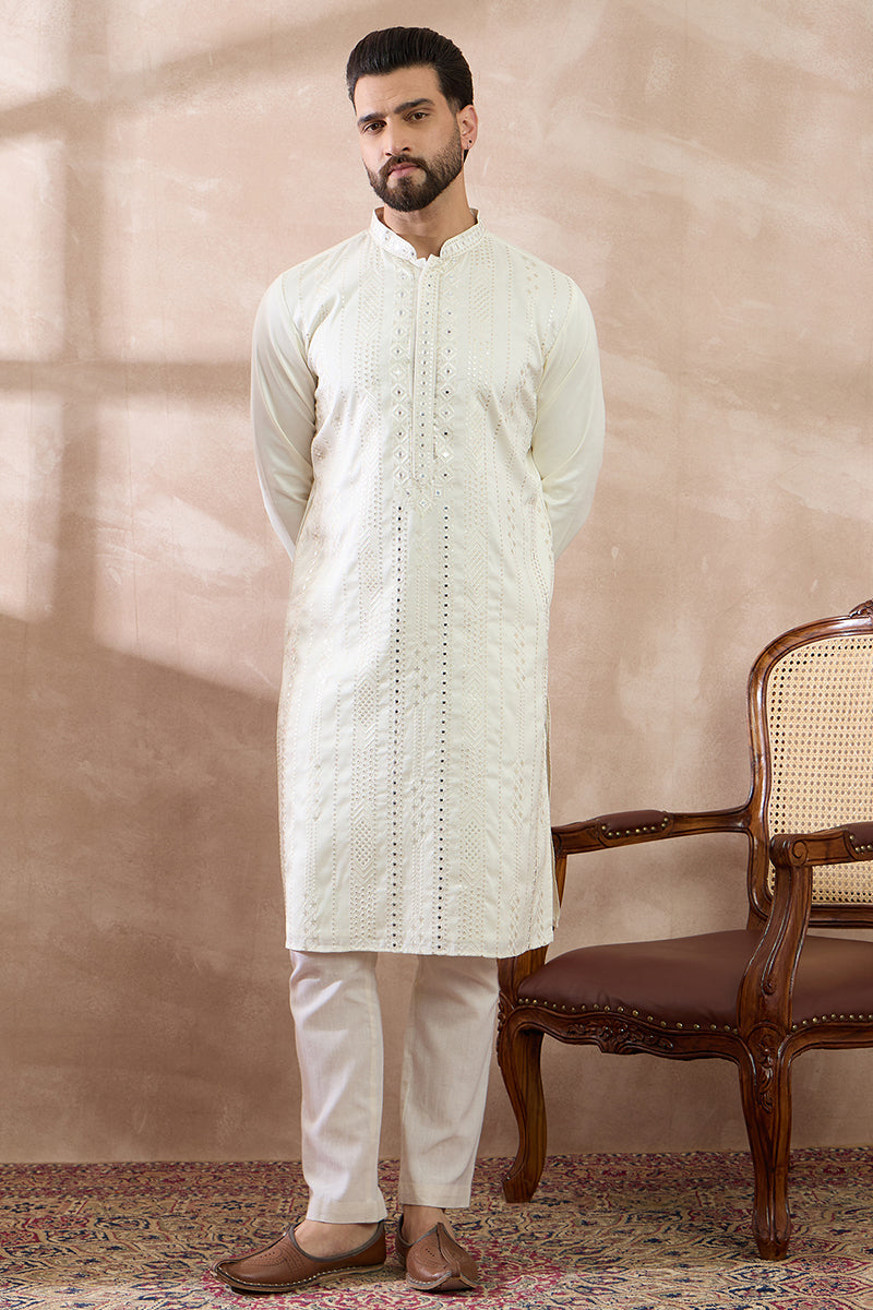 White Silk Blend Embroidered Mandarin Collar Straight Kurta With Trouser MKSET1891