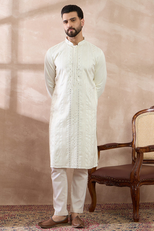 White Silk Blend Embroidered Mandarin Collar Straight Kurta With Trouser MKSET1891
