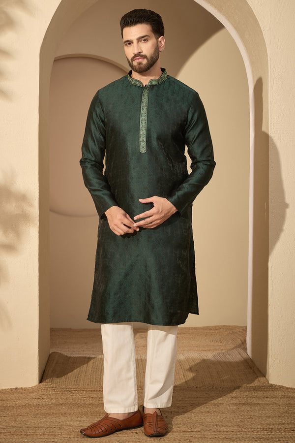 Green Jacquard Solid Embroidered Mandarin Collar Kurta With Trouser MKSET2742