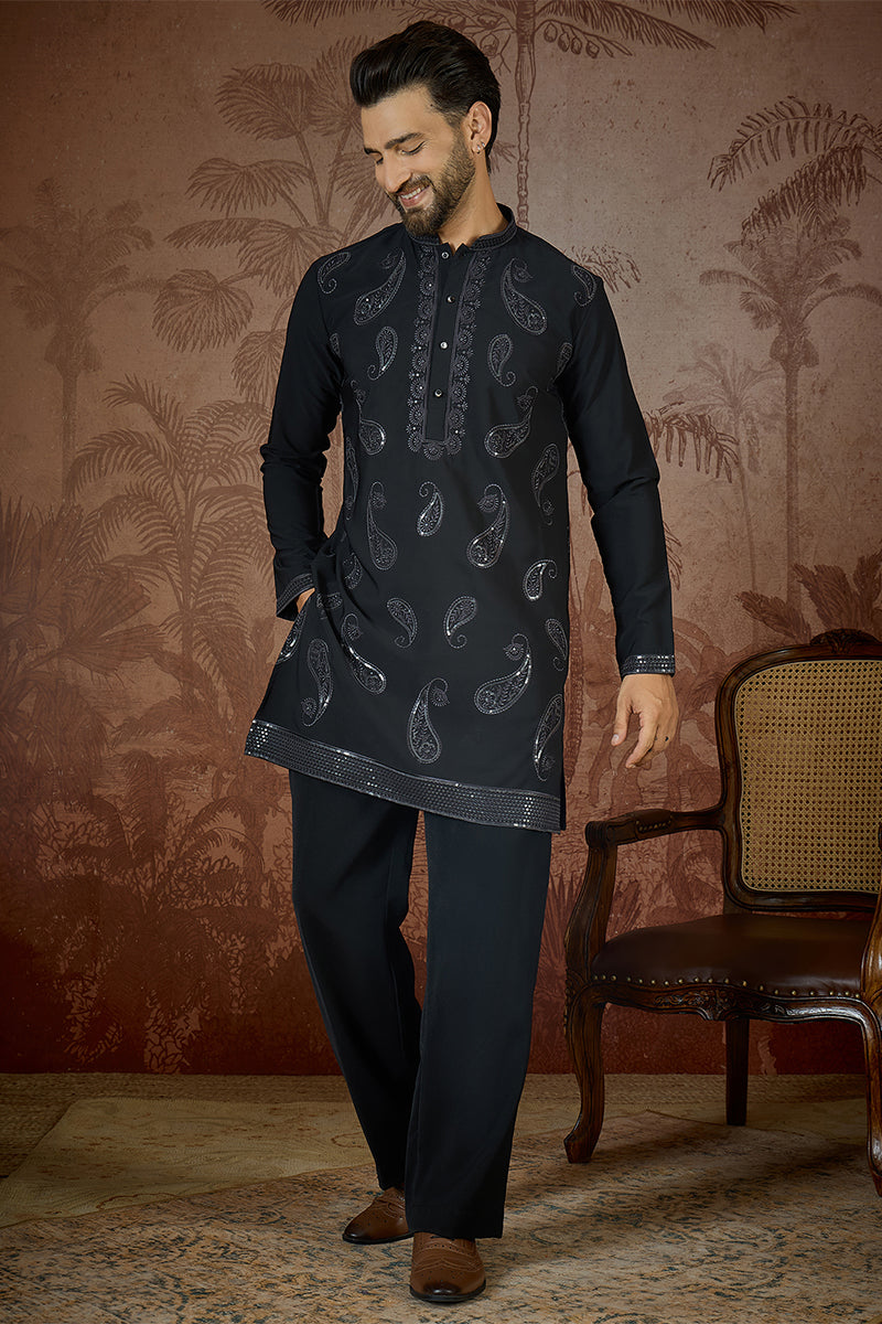 Black Silk Blend Solid Embroidered Kurta MKU2382