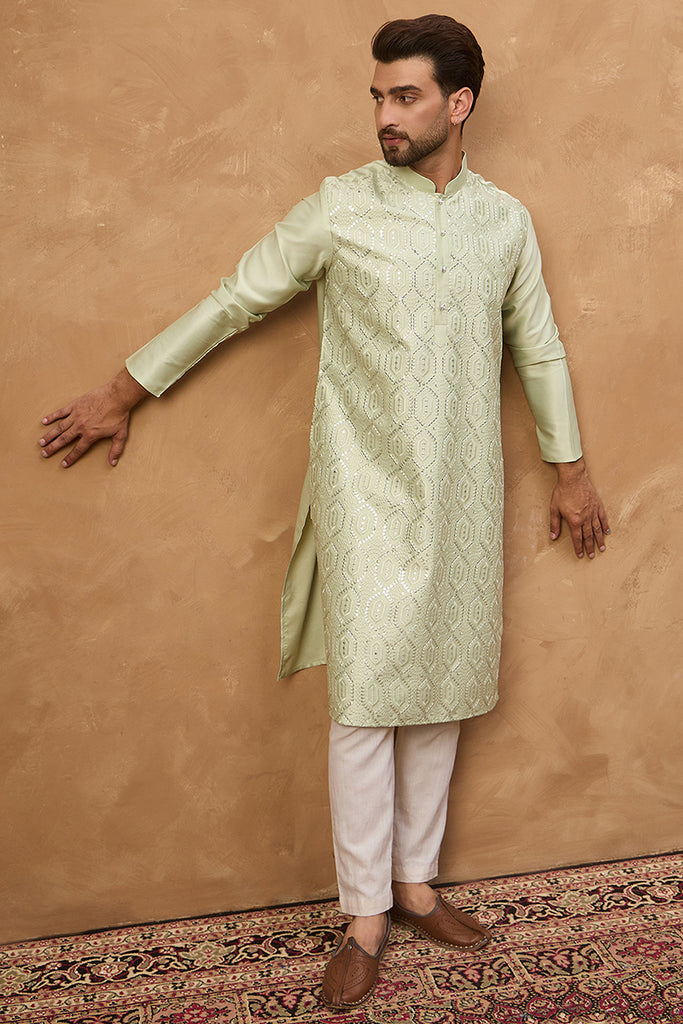 Peach Silk Blend Solid Embroidered Straight Kurta MKU1445