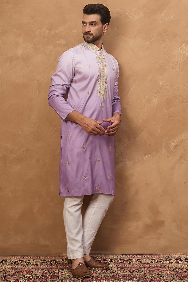 Purple Silk Blend Solid Embroidered Straight Kurta MKU1487