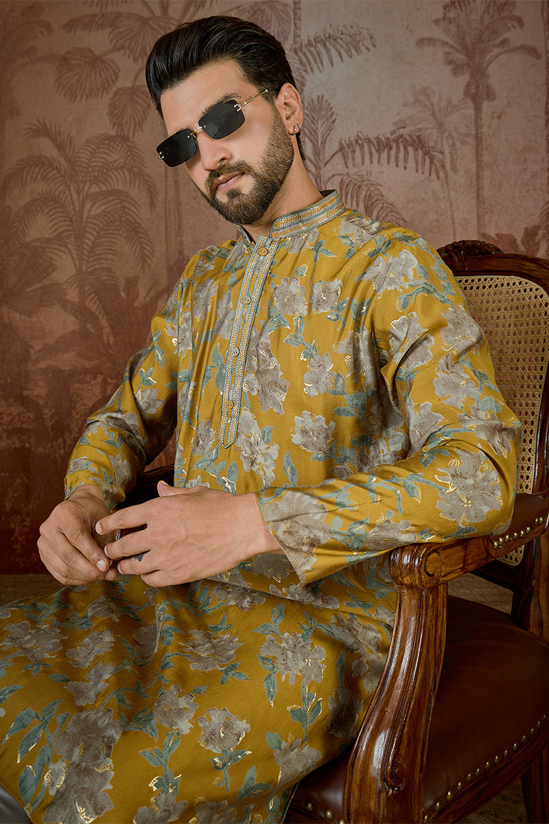 Mustard Silk Blend Floral Embroidered Kurta MKU2505