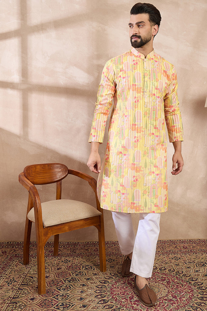Yellow Silk Blend Abstract Printed Straight Kurta With Trouser MKSET2013