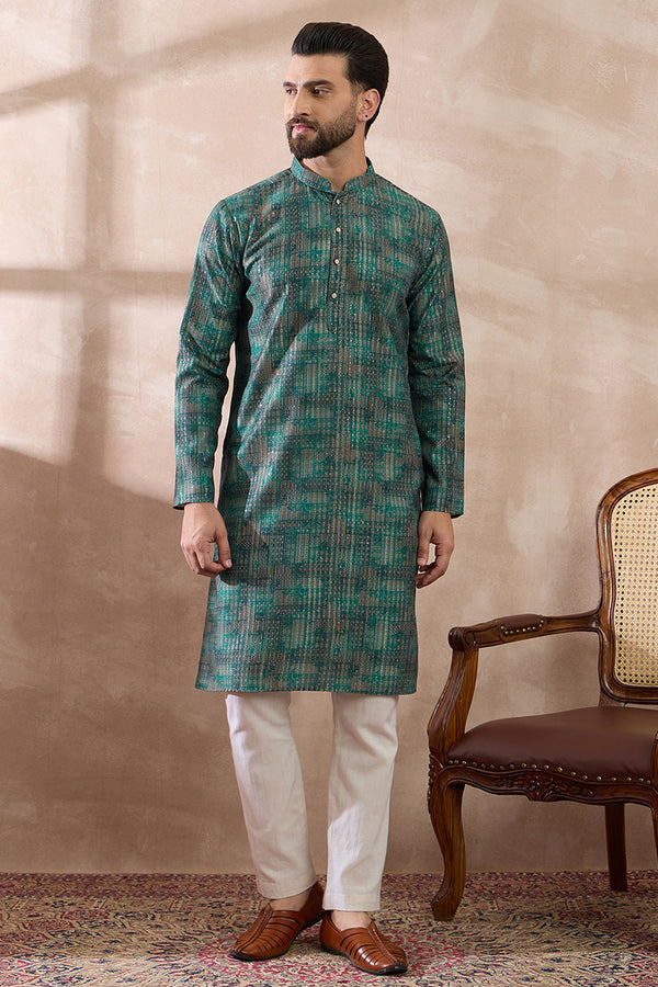 Green Silk Blend Printed Mandarin Collar Straight Kurta MKU2021