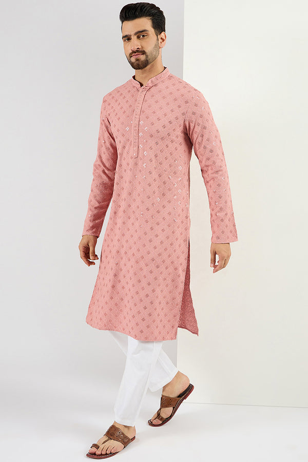 Ethnic Bay Pink Viscose Rayon Solid Embroidered Long Straight Kurta For Men MKU1060