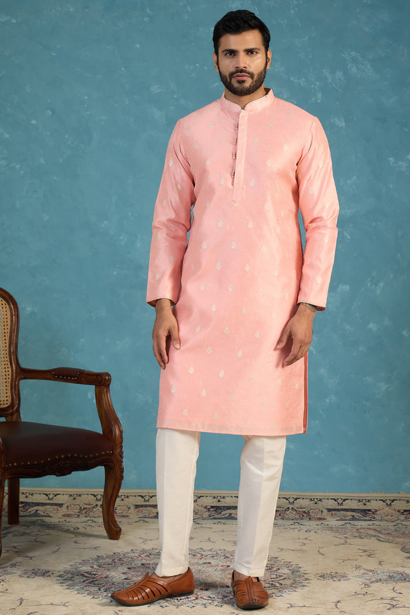 Pink Jacquard Ethnic Motifs Woven Design Kurta With Trouser MKSET2394