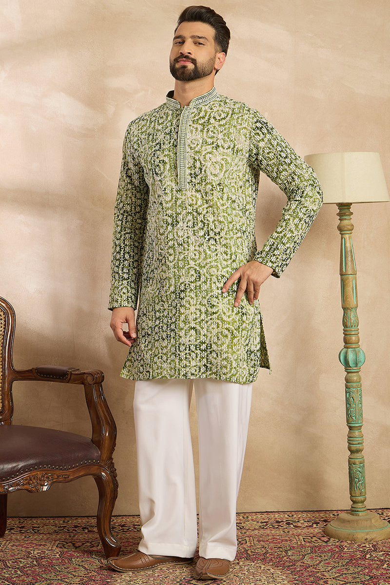 Green Viscose Rayon Batik Embroidered Straight Kurta MKU1717