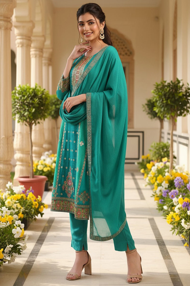 Teal Blue Organza Ethnic Woven Design Straight Trouser Suit Set PKSKD2580
