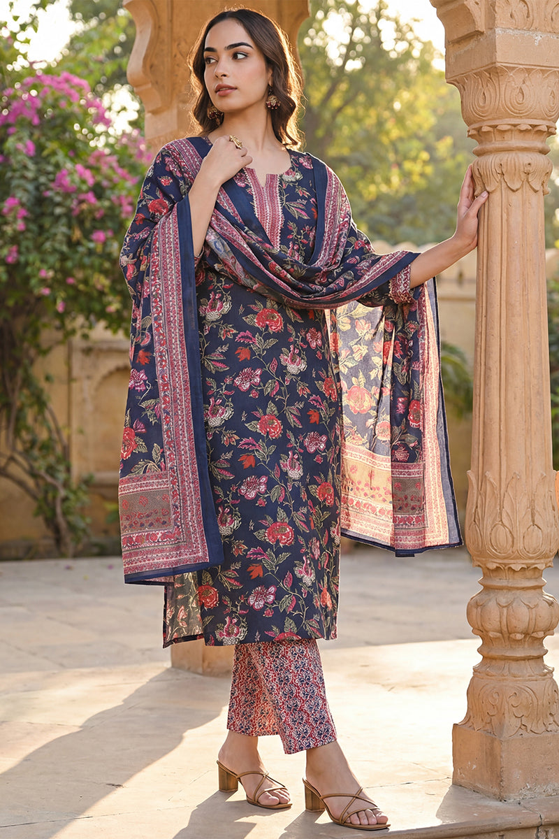 Navy Blue Rayon Blend Floral Printed Straight Trouser Suit Set VKSKD2255