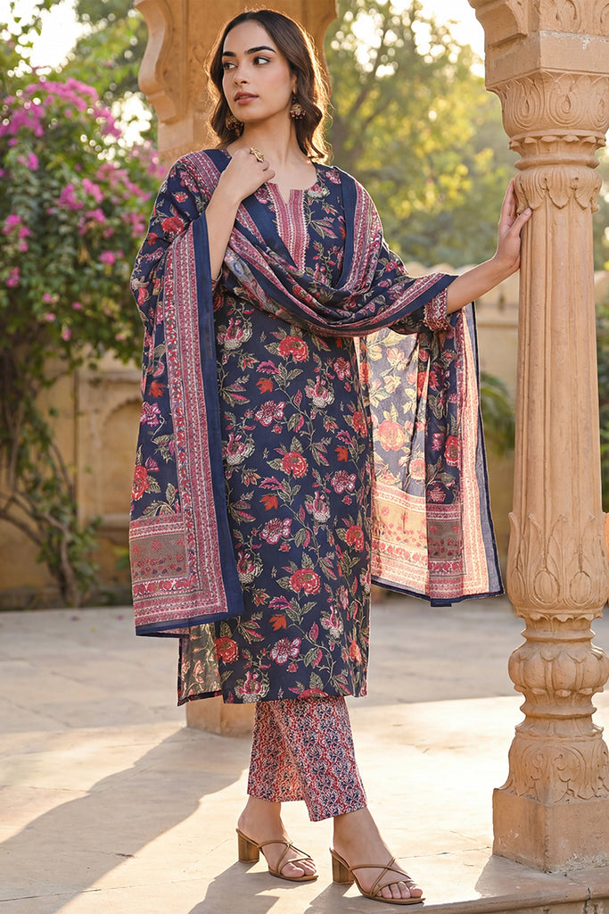 Navy Blue Rayon Blend Floral Printed Straight Trouser Suit Set VKSKD2255