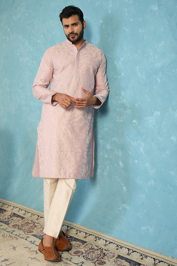 Lavender Silk Blend Embroidered Straight Kurta Sets MKSET2135