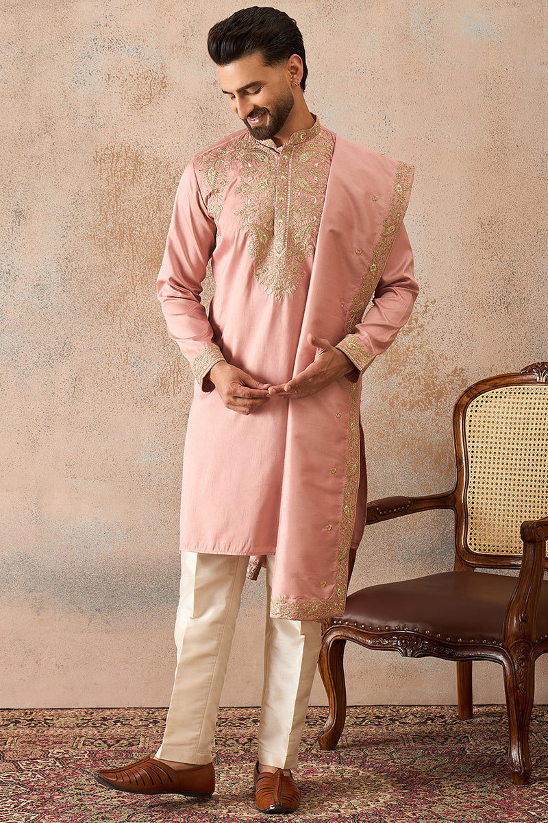 Pink Zari Embroidered Silk Blend Kurta with Trousers & Dupatta MKPD1045