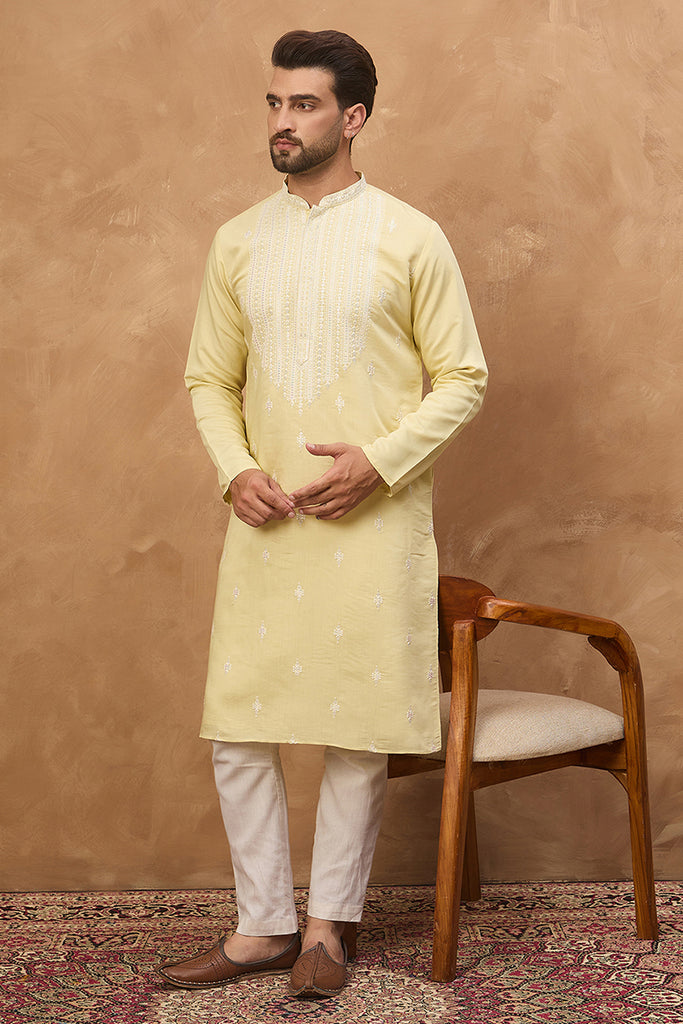 Yellow Silk Blend Solid Embroidered Straight Kurta MKU1509