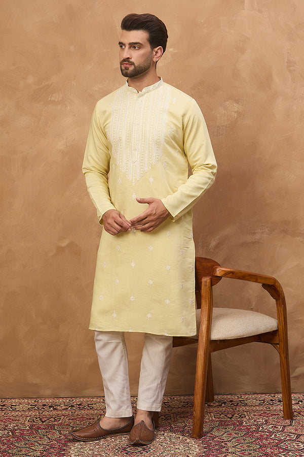 Yellow Silk Blend Solid Embroidered Straight Kurta MKU1509