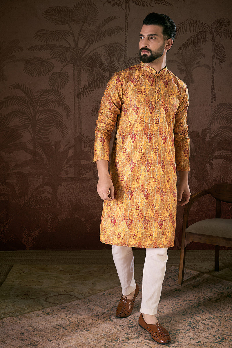 Mustard Silk Blend Ethnic Motifs Printed Straight Kurta With Trouser MKSET1925