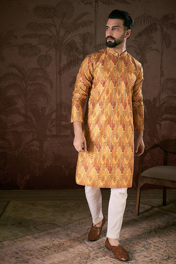 Mustard Silk Blend Ethnic Motifs Printed Straight Kurta With Trouser MKSET1925