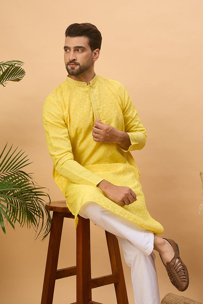 Yellow Silk Blend Solid Embroidered Straight Kurta MKU1455