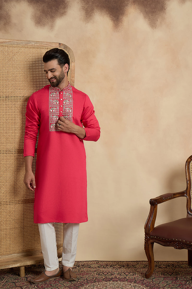 Pink Viscose Rayon Solid Embroidered Thread Work Kurta With Trouser MKSET2459